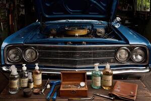 A blue car with a toolbox and bottles of cleaning products photo