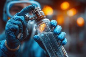 A person in a gas mask holding a bottle photo