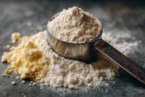 Flour and measuring spoon on a dark background photo
