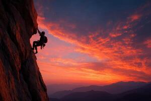 A man climbing on a rock at sunset photo
