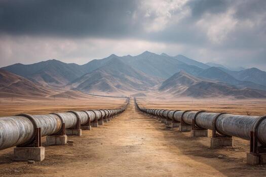 Pipelines in the desert with mountains in the background photo