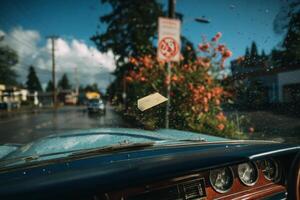 A view of a car's windshield with a sticky note on it photo