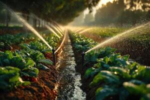 Water sprinklers spraying water on a field of lettuce photo