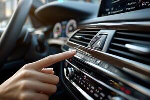 A person is touching the air conditioning button on a car photo