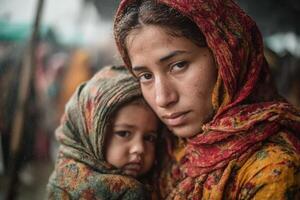 A woman and child in a refugee camp photo