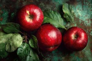 Three red apples on a green background photo