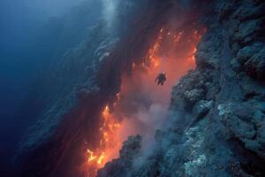 A diver is in the water near a lava flow photo