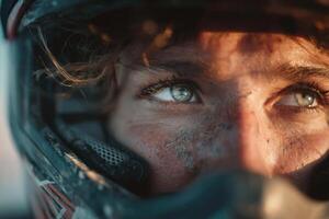 A close up of a woman wearing a helmet photo