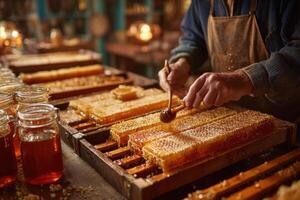 A man is working on a honeycomb with a wooden frame photo