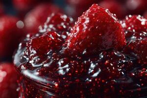 A jar of raspberry jam with a few raspberries photo