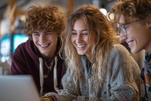 Three young people smiling while using a laptop photo