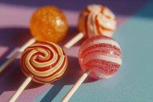 Three lollipops on a stick with different colors photo