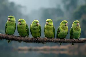 Five green parrots sitting on a branch photo