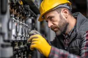 A man in a hard hat and yellow gloves working on a machine photo