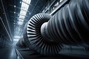 A large turbine engine in a factory photo