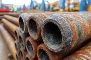 A pile of rusted pipes sitting on top of a pile of dirt photo