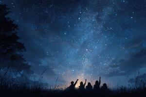 Three people sitting on a grassy field with the stars in the sky photo