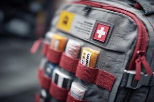 A backpack with a red and white medical kit photo