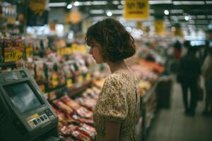 A woman looking at a cash register in a grocery store photo