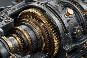 Close up of gears in a metal gearbox photo