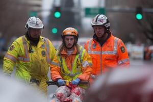 Three people in safety gear standing next to a man on a bike photo