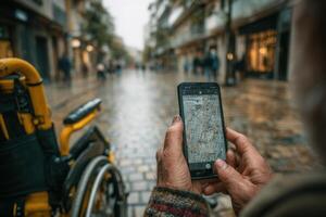 A person in a wheelchair holding a smartphone while looking at a map photo