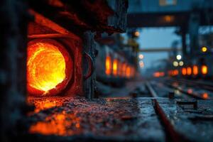 A close up of a steel furnace with a glowing orange light photo