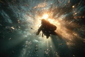 A scuba diver is underwater with sunlight shining through the water photo