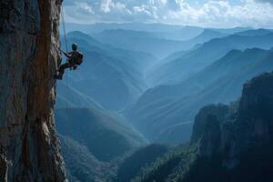 A man is climbing up a mountain on a rope photo