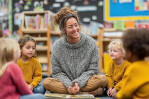 A teacher reading to children in a classroom photo