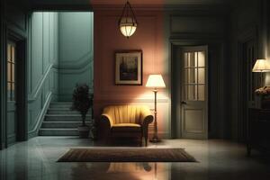 A room with a yellow chair and a lamp photo