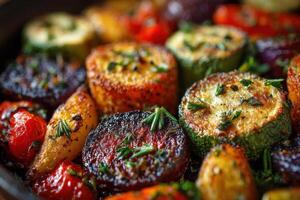 A pan filled with vegetables and herbs photo
