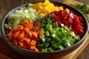 A bowl of chopped vegetables with onions, peppers, and celery photo