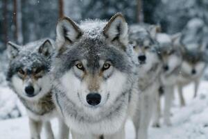 A group of wolves walking in the snow photo