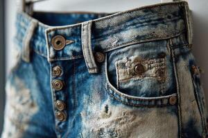 A pair of jeans with holes and buttons photo