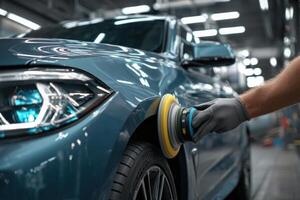 A person is polishing a car with a polishing pad photo