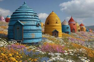 A field of colorful beehives in a field of wildflowers photo