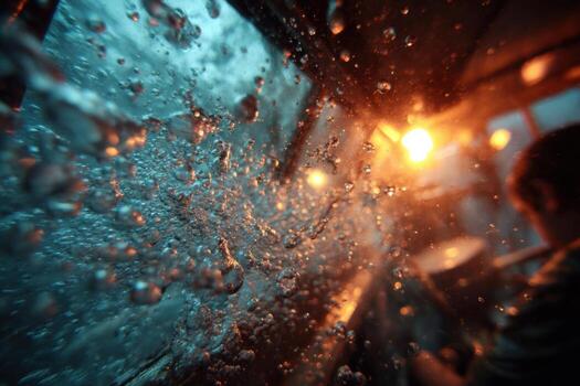 A man is looking out the window of a bus at night photo