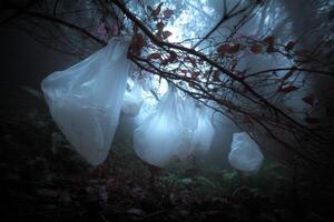 A bunch of plastic bags hanging from a tree photo