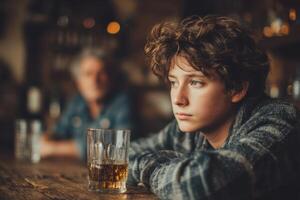 A boy sitting at a bar with a glass of whiskey photo