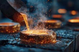 A person pouring molten metal into a metal ring photo