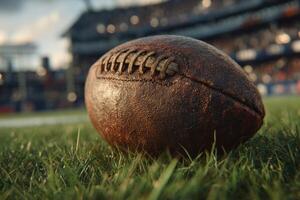 An old football is sitting on the grass in front of a stadium photo
