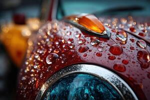 A close up of a red car with water droplets on it photo