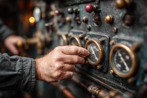 Close up of a man's hand on a control panel in an old steam engine photo