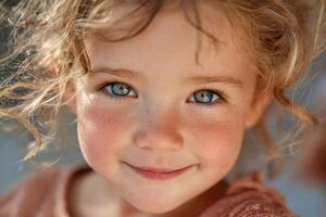 A young girl with blue eyes and curly hair photo