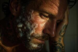 A man with tattoos and a beard is in the shower photo