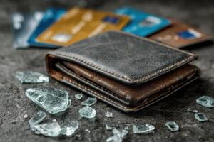 Credit cards and a wallet with broken glass photo
