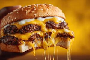 A hand holding a cheeseburger with melted cheese photo