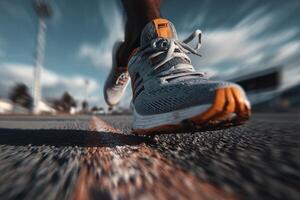 A person running on a road with their shoes on photo