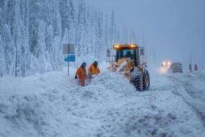 A snow plow is clearing the road in front of a snow covered tree photo